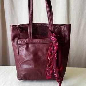 Vintage Burgundy Leather Tote Shoulder‎ Bag Soft Leather Shopper w/ Silk Scarf
